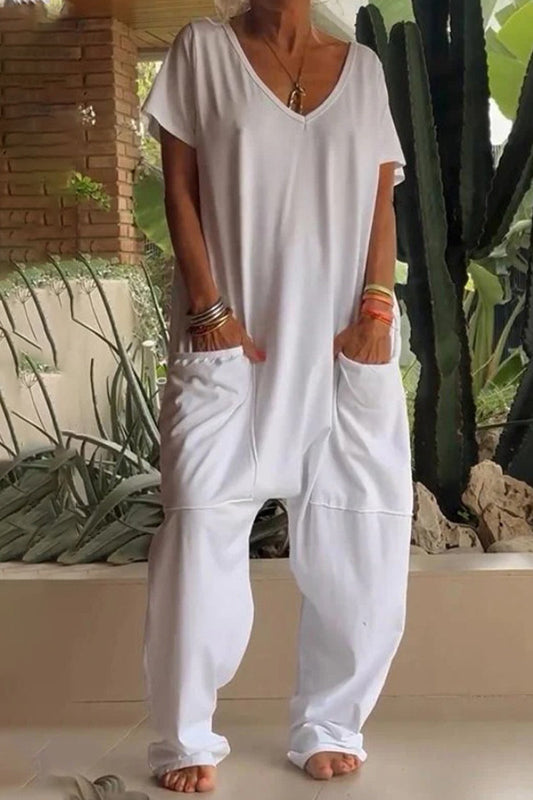 Casual everyday solid color loose-fit jumpsuits with pockets and neckline (8 colors)