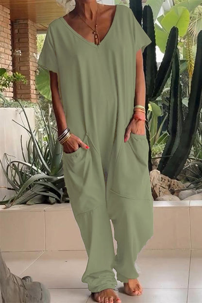 Casual everyday solid color loose-fit jumpsuits with pockets and neckline (8 colors)