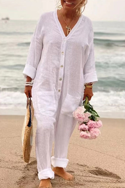 Casual Solid Color Button-Up Pocket Bottoms with Neckline Regular Jumpsuits