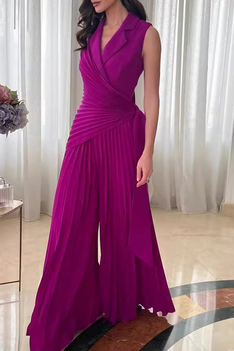 Casual solid color lace pleated collared Regular Jumpsuits