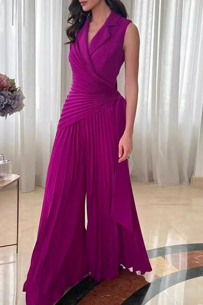 Casual solid color lace pleated collared Regular Jumpsuits