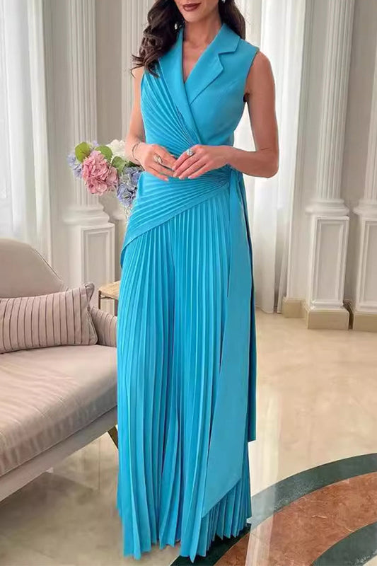 Casual solid color lace pleated collared Regular Jumpsuits
