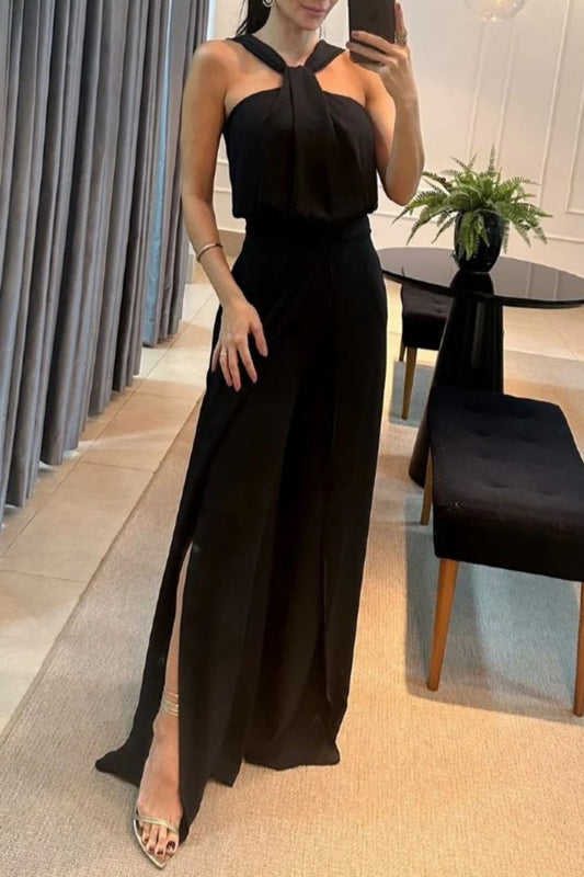 Casual Solid Color Patchwork Backless V-neck Regular Jumpsuits