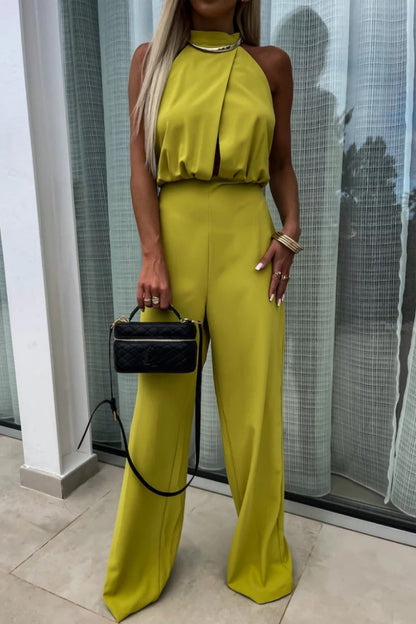 Casual solid color patchwork jumpsuits with half round collar (4 colors)