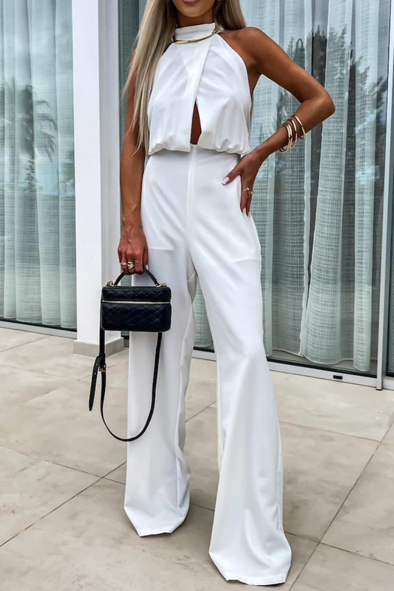 Casual solid color patchwork jumpsuits with half round collar (4 colors)