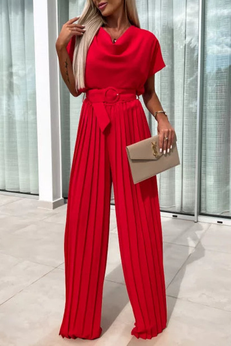 Casual solid color jumpsuits with belt and folded collar with pile (3 colors)