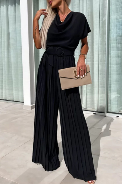 Casual solid color jumpsuits with belt and folded collar with pile (3 colors)