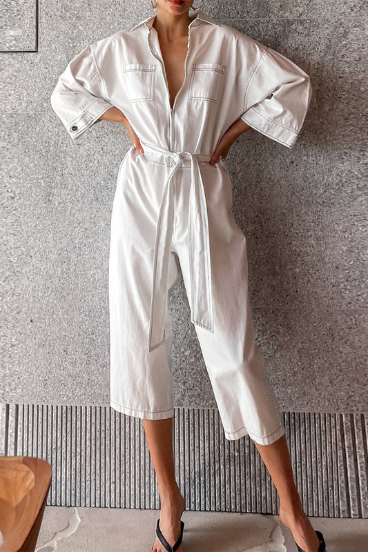 Casual monochrome jumpsuits with lace and gathered collar falling loosely down