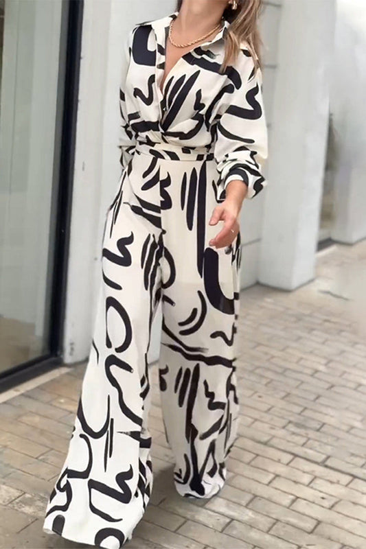 Casual Street Geometric Print Lace Up Turn Down Collar Loose Jumpsuits