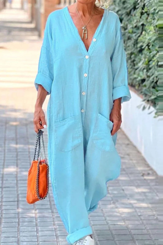Casual Solid Color Button-Up Pocket Bottoms with Neckline Regular Jumpsuits
