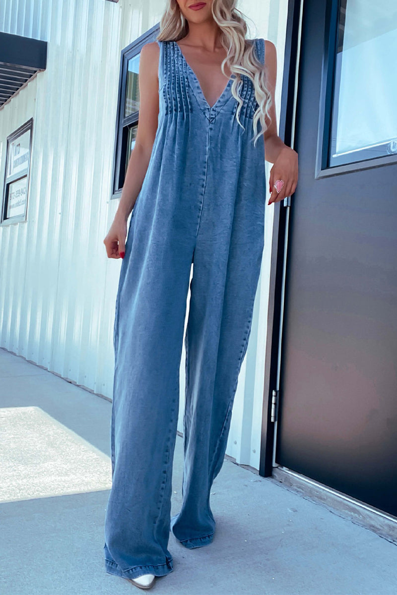 Casual Damaged Pocket Adjustable V Neck Loose Jumpsuits