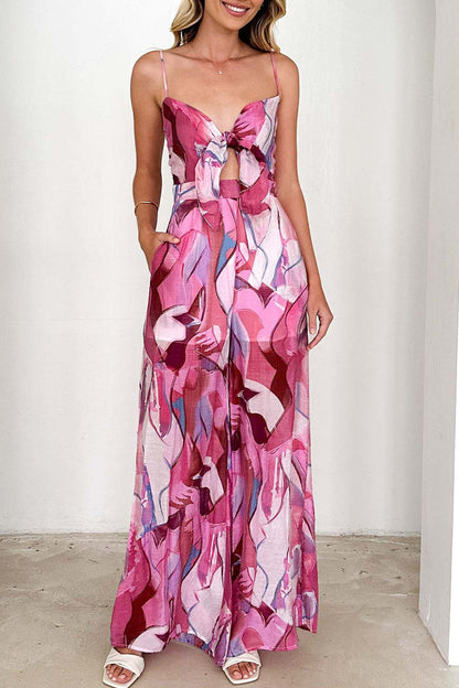 Casual floral pockets with contrasting inset loose-fitting jumpsuits with denim sleeves
