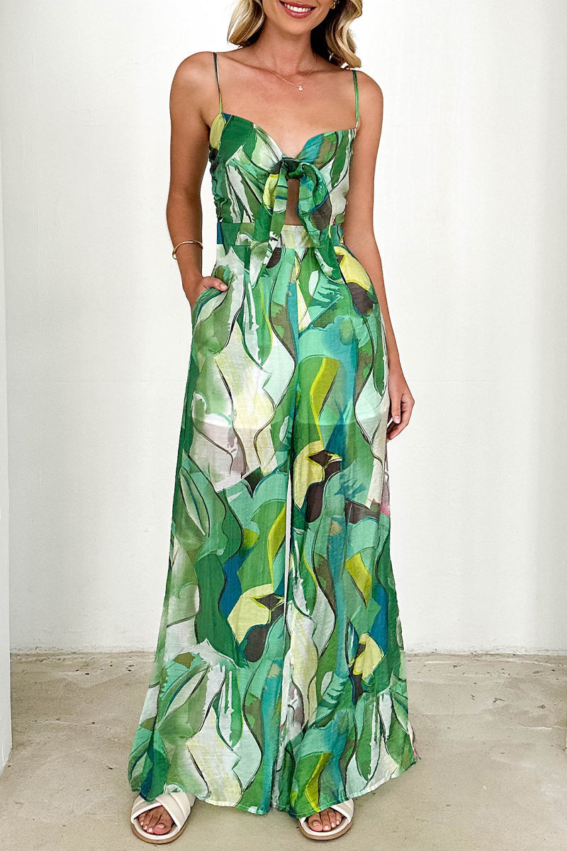 Casual floral pockets with contrasting inset loose-fitting jumpsuits with denim sleeves