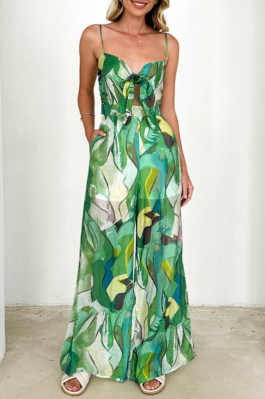 Casual floral pockets with contrasting inset loose-fitting jumpsuits with denim sleeves
