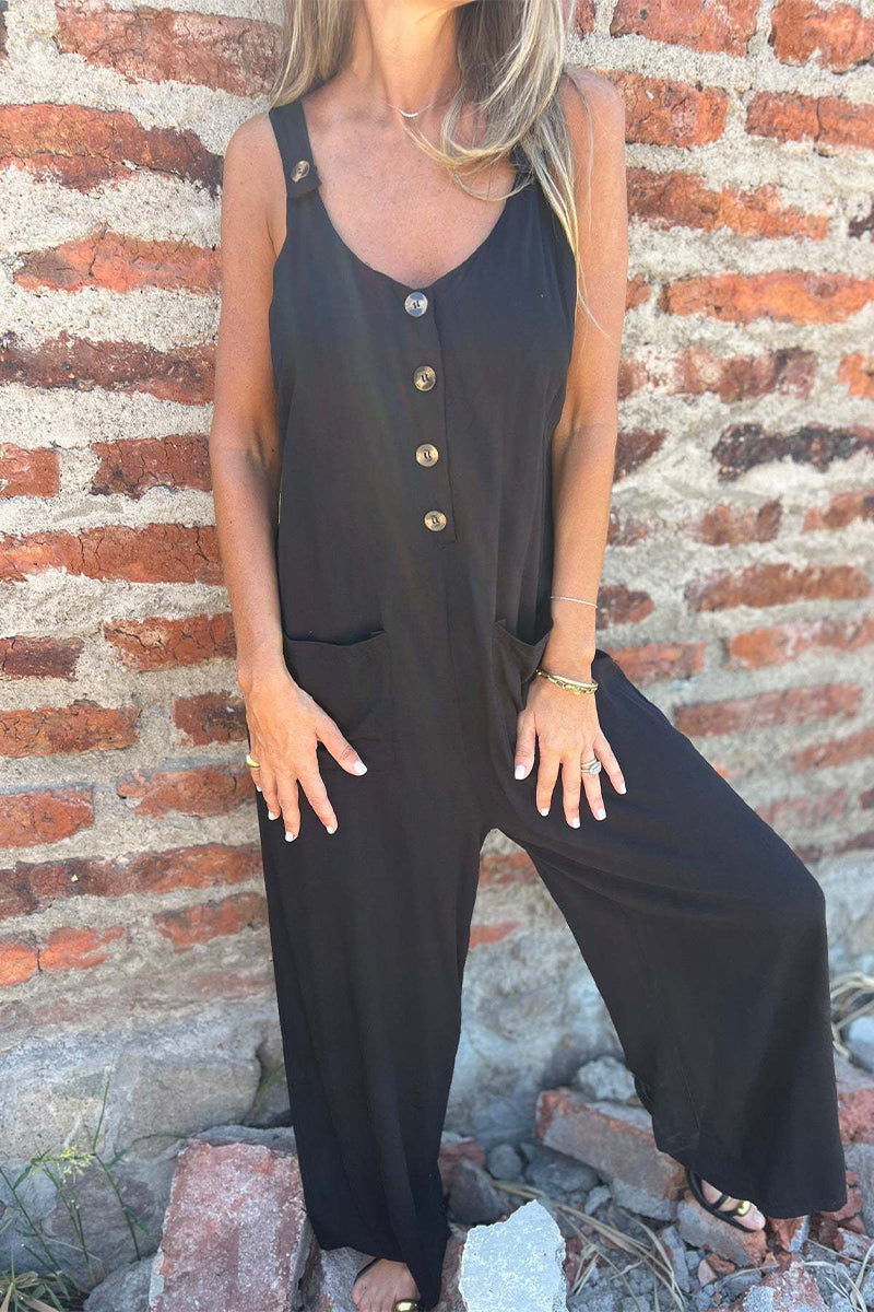 Casual solid color jumpsuits with backless U-neck pockets and buttons (in English)
