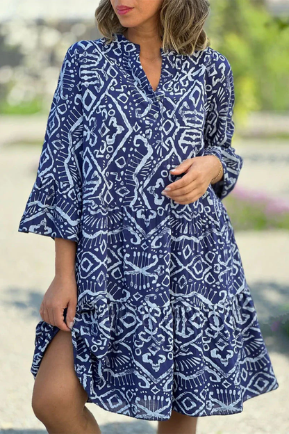 LP | Eliana - Casual dresses with pretty geometric print and buttons, V-neck and pie skirt