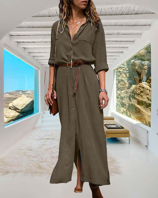Stylish dress with long sleeves, buttons and belt