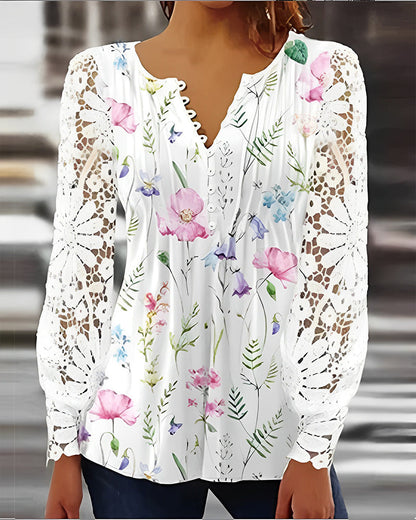 LP | Elegant lace top with v-neck and floral print