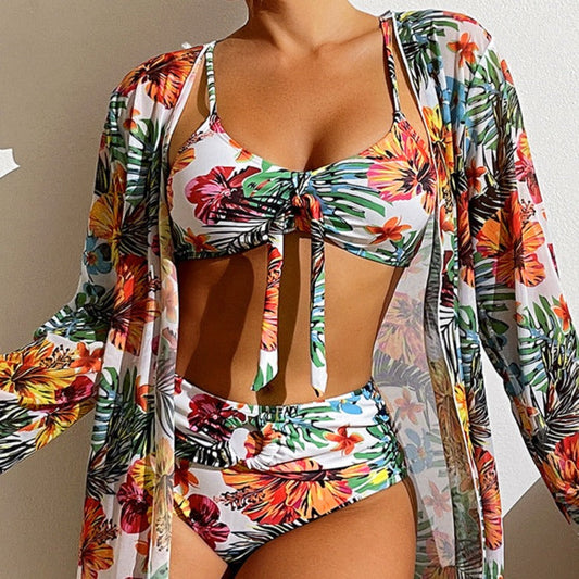 3-piece bikini with flowers and cover-up