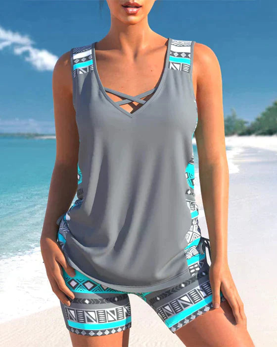 Tankini with tribal print and crossed details