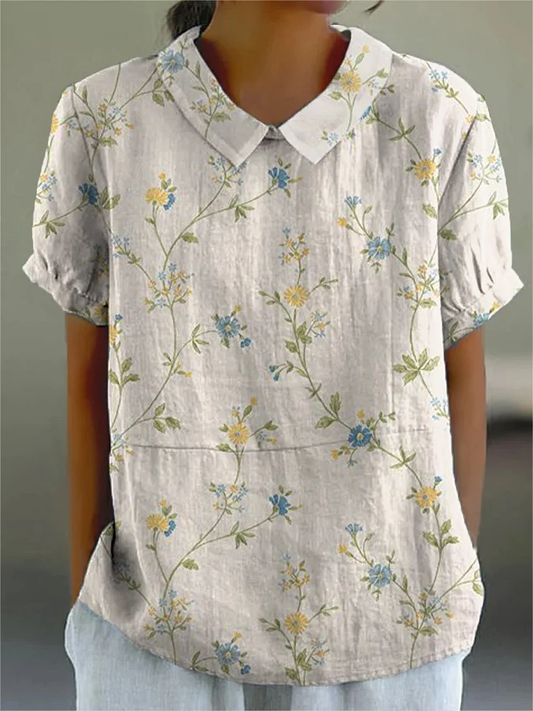 LP | Julia - Women's cotton-and-linen casual shirt with small blue-and-yellow floral pattern