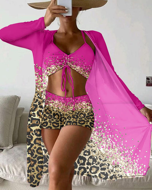 Three-piece swimsuit with leopard ombre print