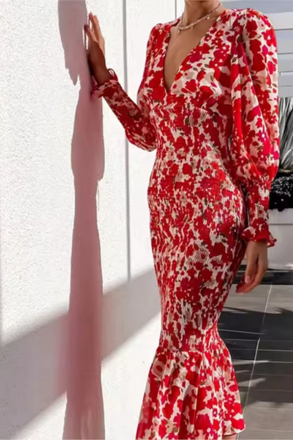Serena | Women's Printed V-Neck Fishtail Dress