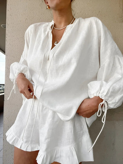 Casual Lantern Sleeve Top Short Pants Cotton and Linen Two-piece Set