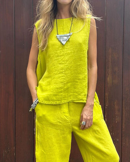 LD Plain Sleeveless Vest & Pants Cotton Linen Two-piece Set