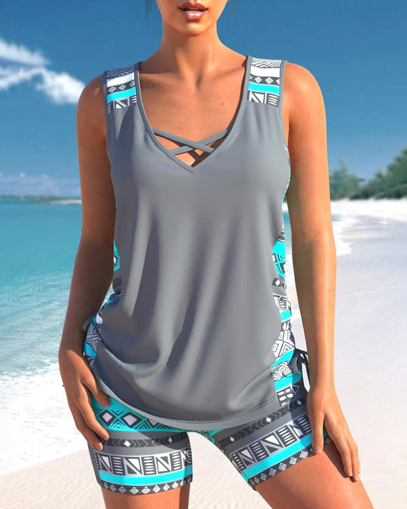 Tankini set with geometric pattern