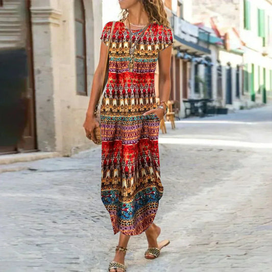 Red maxi dress with short sleeves and round neckline