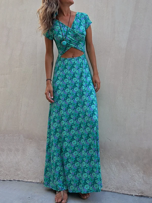 LP | Stretchy maxi dress with short sleeves, hollow floral print and reversible, U-neckline