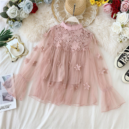 LP | Perspective Mesh Gauze Lantern Sleeve Thin Short Top Female Lace Leggings Petticoat