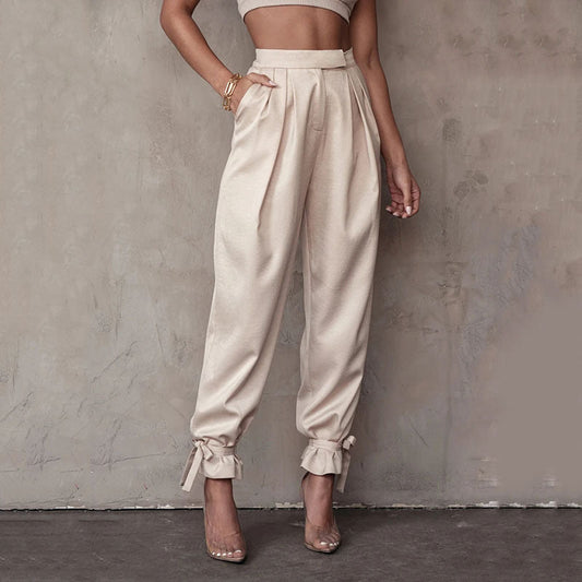 Casual women's pants-with-wide-legs-and-bowtie