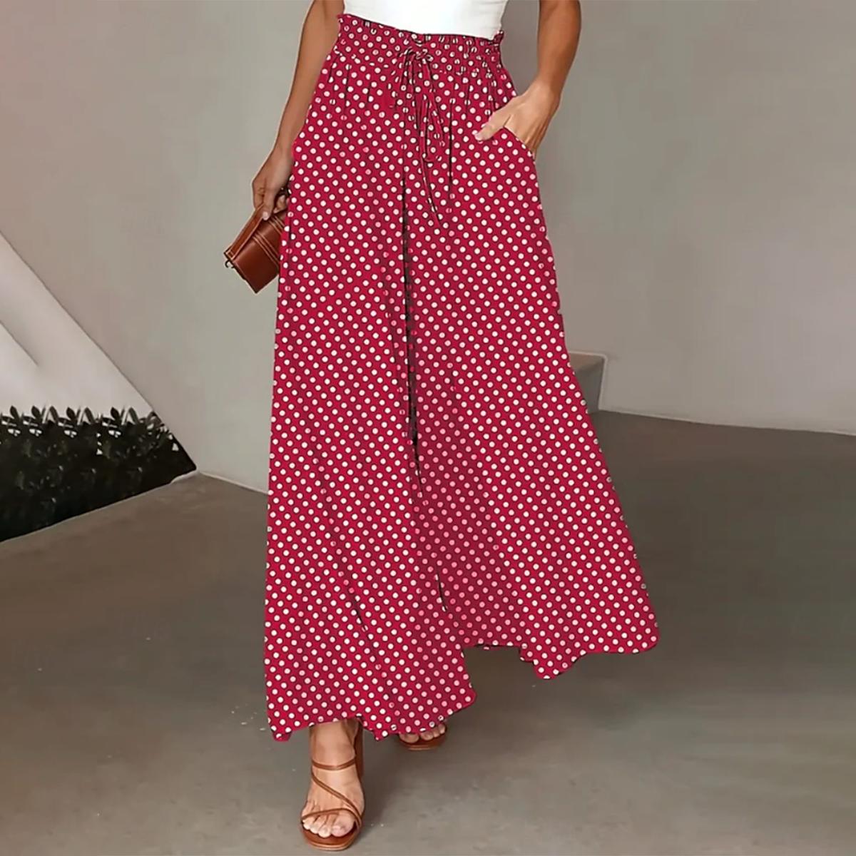 Red polka dot pants with side pockets