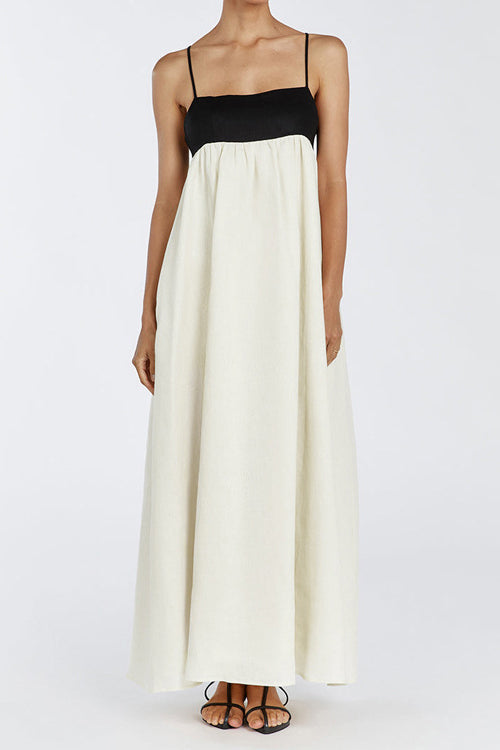 Black and white patchwork maxi dress with loose suspenders.