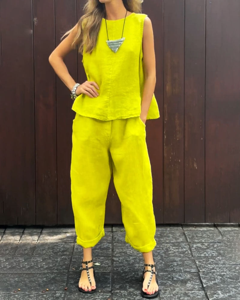 LD Plain Sleeveless Vest & Pants Cotton Linen Two-piece Set