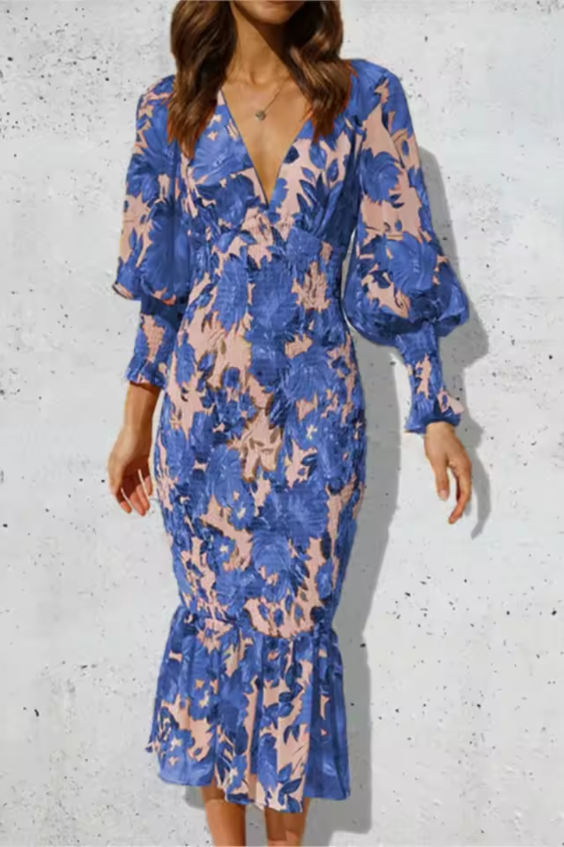 Serena | Women's Printed V-Neck Fishtail Dress