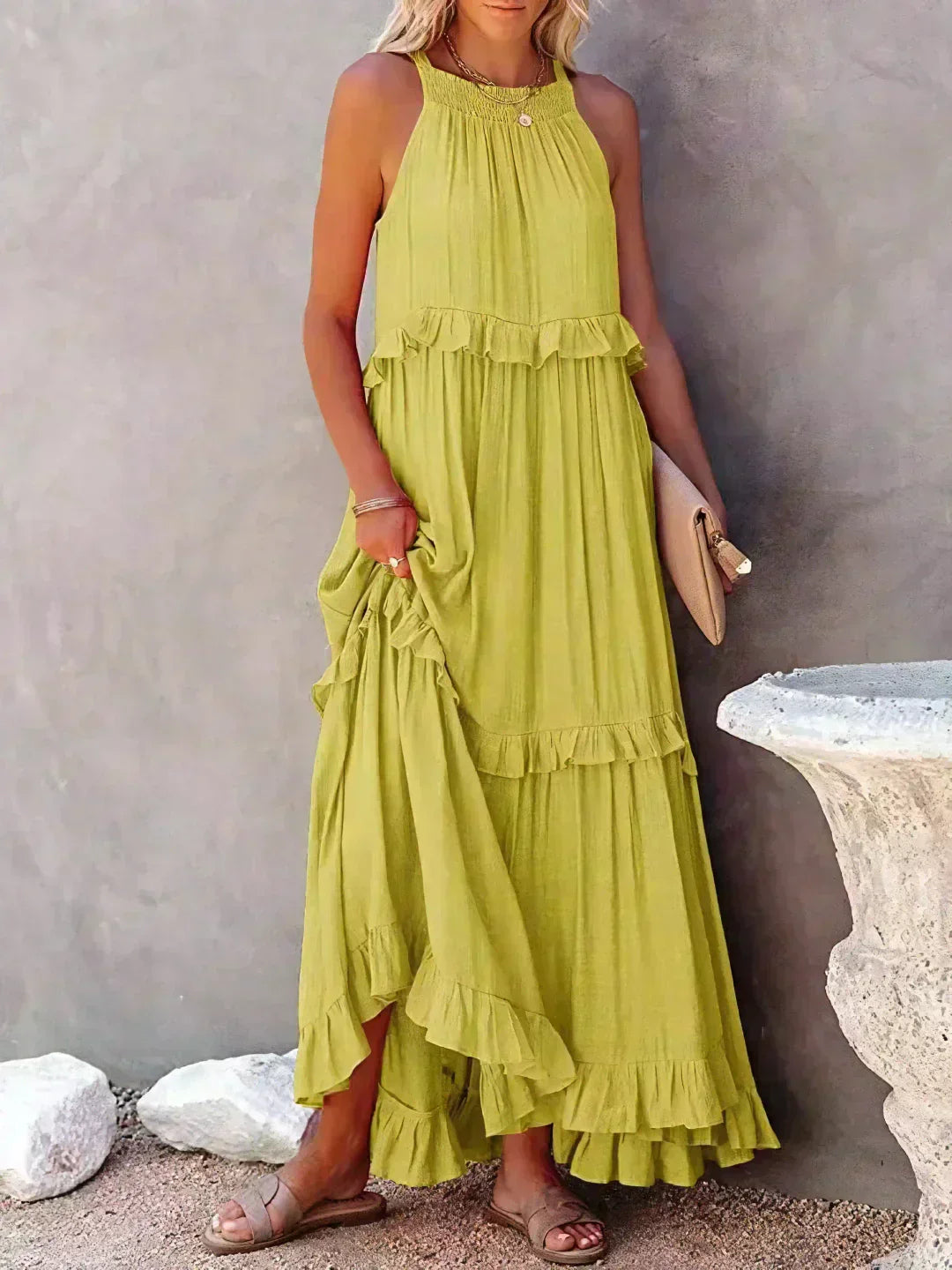 Halter maxi dress with ruffles.