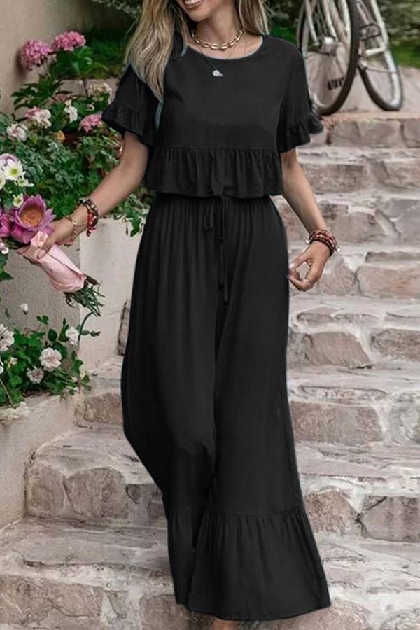 Casual loose one-color pants with short sleeves and wide legs two-piece set