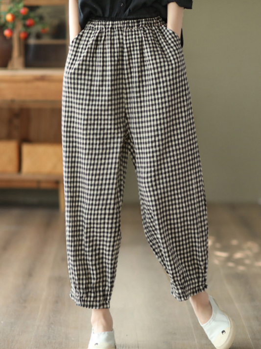 Elastic Waist Checkered Casual Harem Pants Bottom