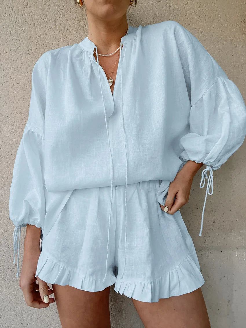 Casual Lantern Sleeve Top Short Pants Cotton and Linen Two-piece Set