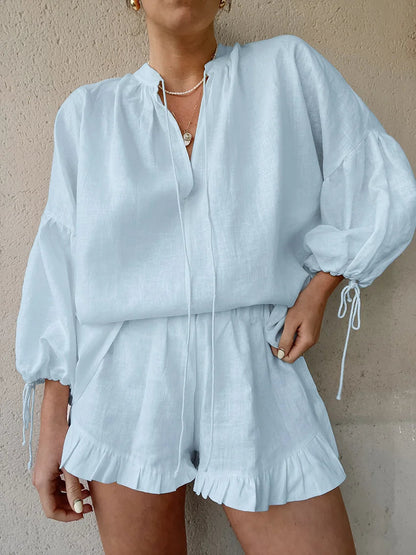 Casual Lantern Sleeve Top Short Pants Cotton and Linen Two-piece Set