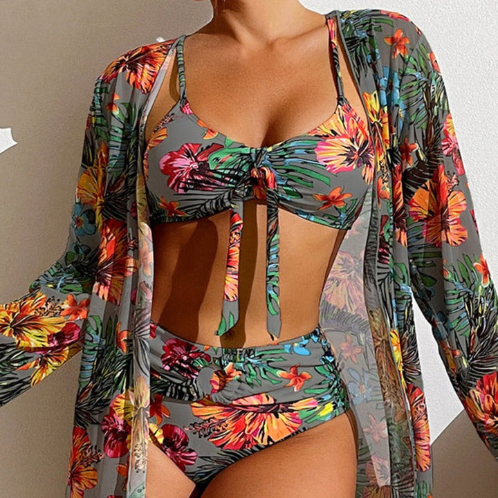 3-piece bikini with flowers and cover-up