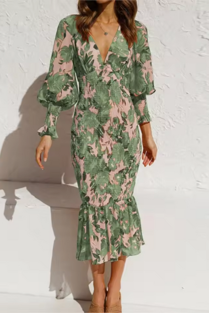 Serena | Women's Printed V-Neck Fishtail Dress