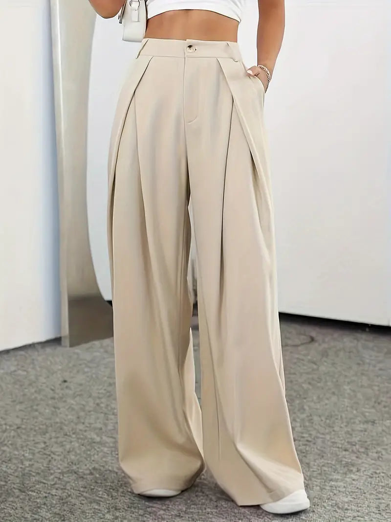 Plain high-waisted band pleated pants for women