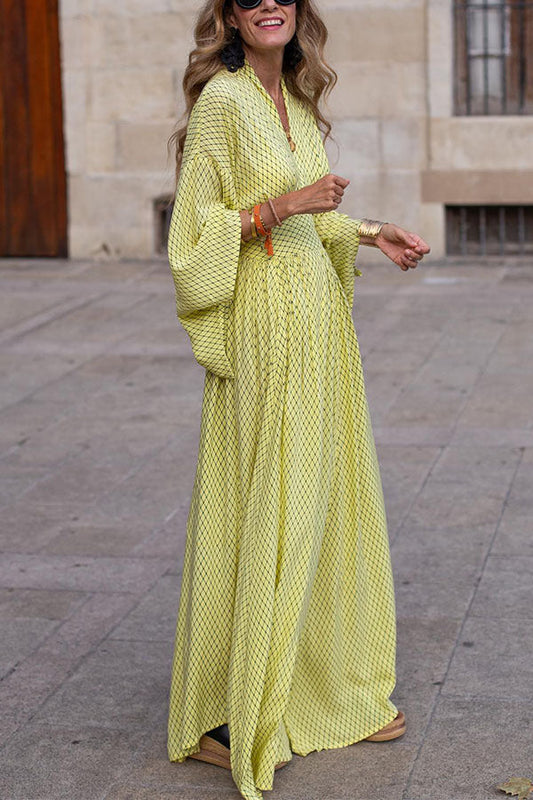 Polished Long sleeves Loose V-neck Waist control Big hem Dress
