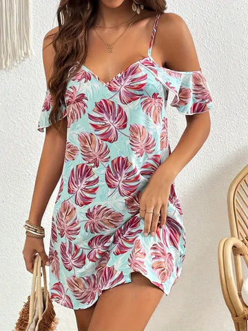 LP | Off-the-shoulder dress with floral pattern.