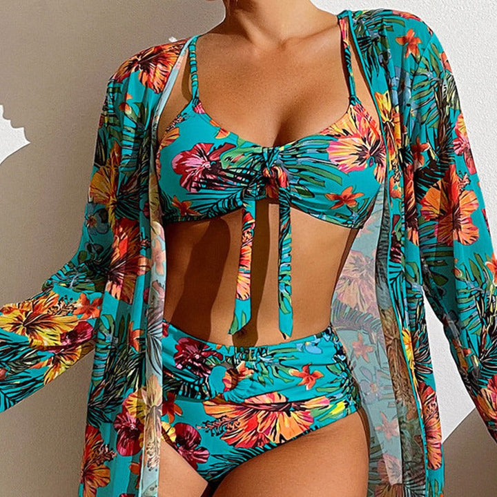 3-piece bikini with flowers and cover-up
