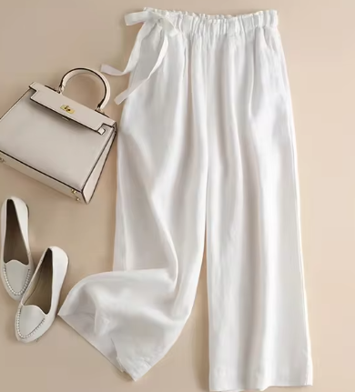 Straight-cut pants with khaki bow and high elastic waist